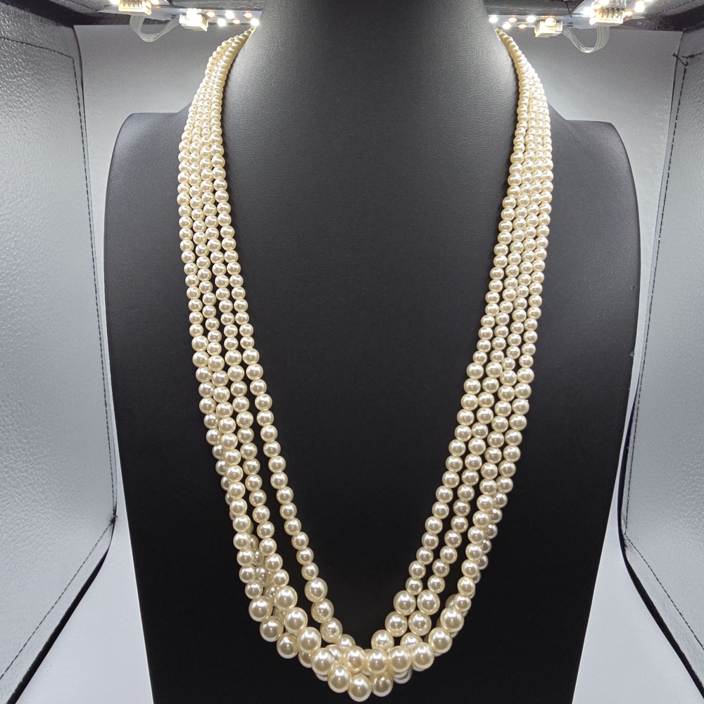 VTG Faux Pearl Necklace Multi Strand Graduated Cream Ivory Classic 25"-26"